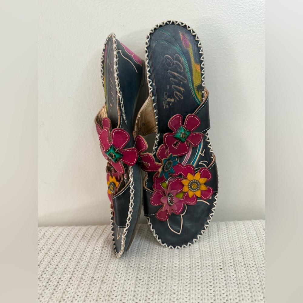 Elite by Corkys Leather Floral Slide Sandals with Pink & Yellow Accents size 38